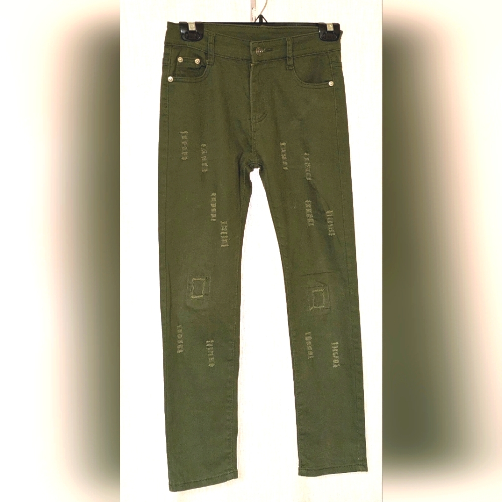 Fredd Marshall Distressed Skinny Jeans, boys size 12, army green color